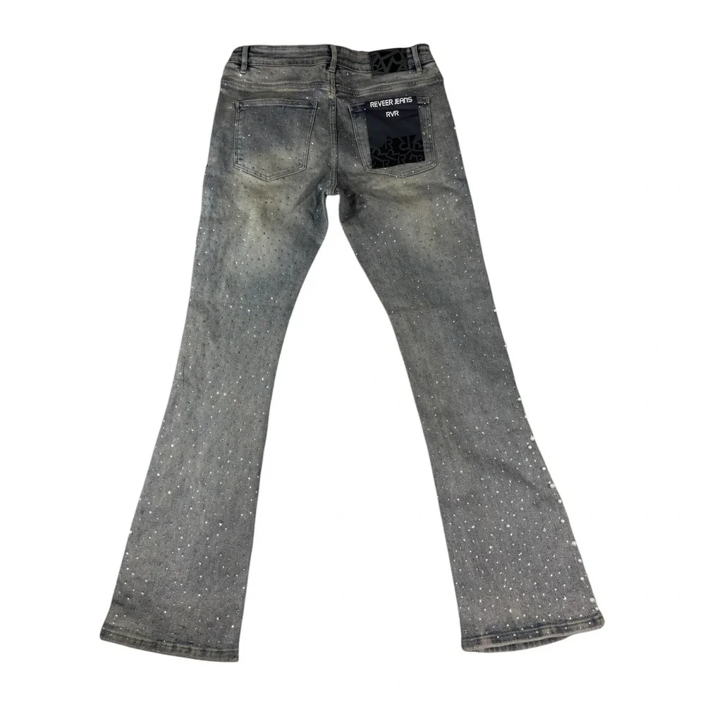 Reveer Jeans RVR Rhinestone Pearl Embellished Flare Denim Blue Vintage Wash 30